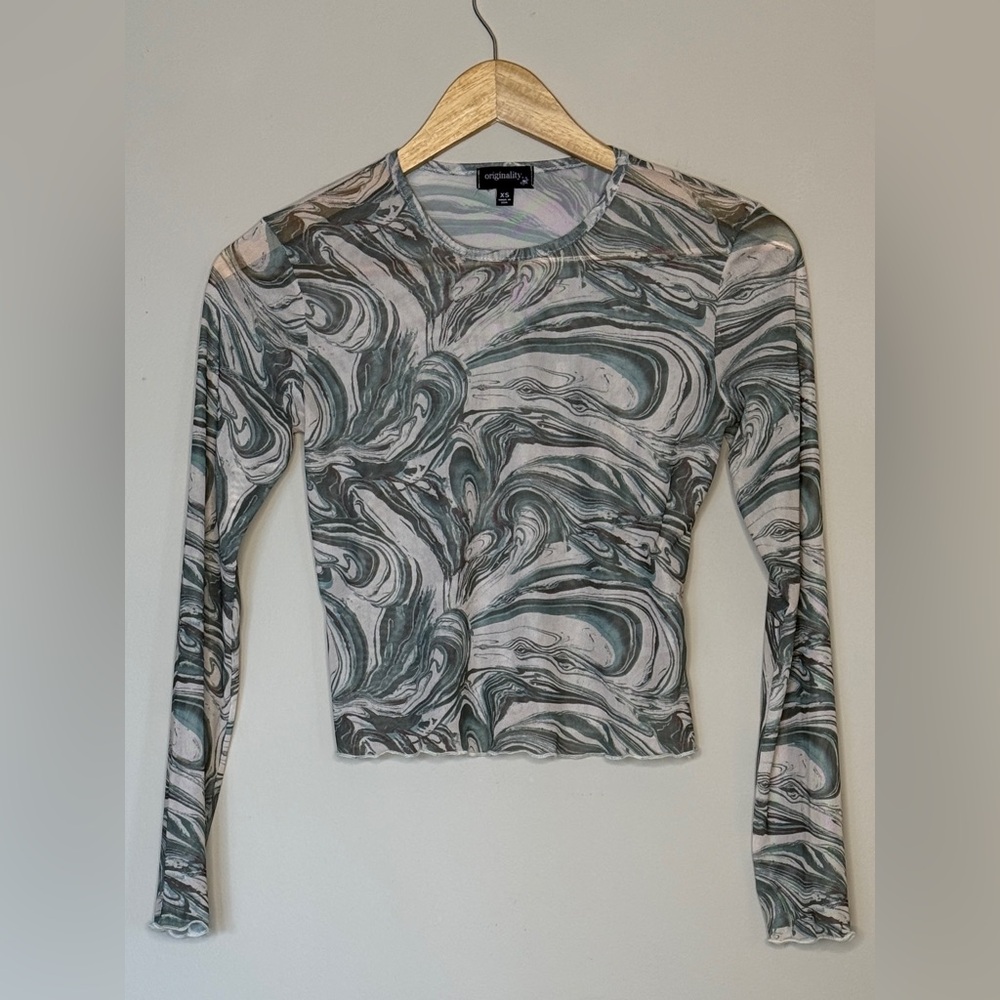Originality, Sheer 70s Vibe Mesh Print Crop Top XS